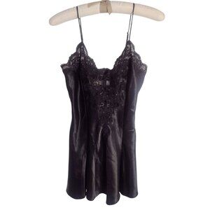Vintage Etienne Beaded Satin Lace Slip Dress Nightgown S Black Sexy Whimsigoth